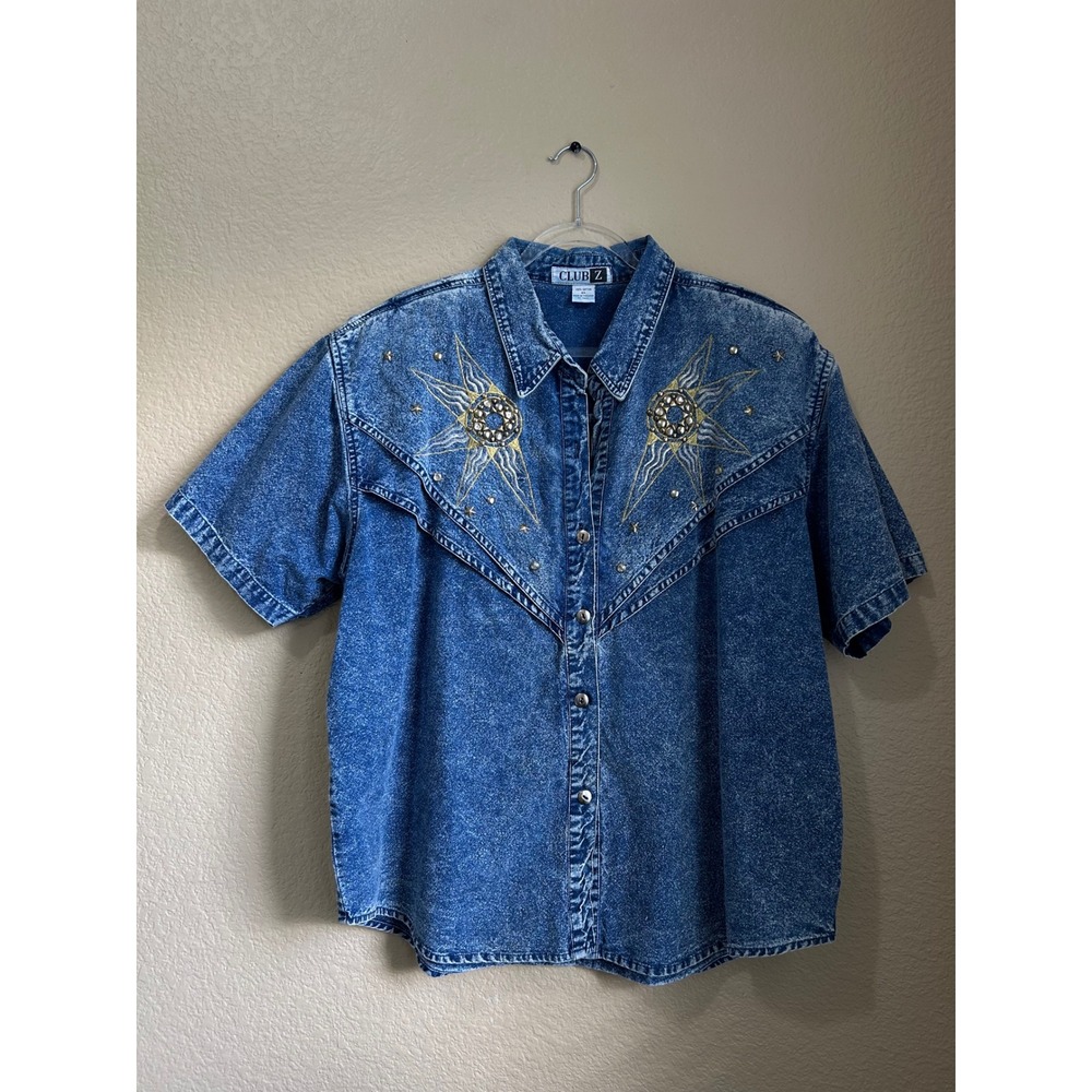 Club Z Vintage 90s Acid Wash Denim Western Shirt Celestial Sunburst Blue 2X
